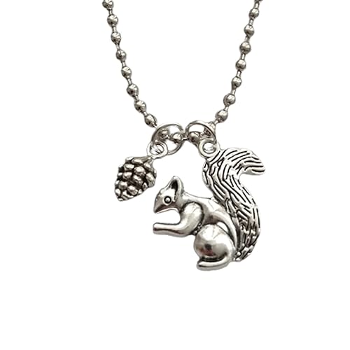 Squirrel and Pine Cone Necklace, Cute Charm Pendant, Long Necklace for Man Woman, Antique Silver Color