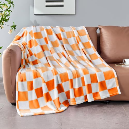 Edenleaf Orange Checkered Fleece Throw Blanket for...