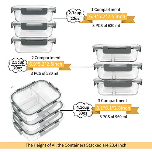 Bayco 9 Pack Glass Meal Prep Containers 3 & 2 & 1 Compartment, Glass Food Storage Containers With Lids, Airtight Glass Lunch Bento Boxes, Bpa-Free & Leak Proof (9 Lids & 9 Containers) - Grey #TOP1