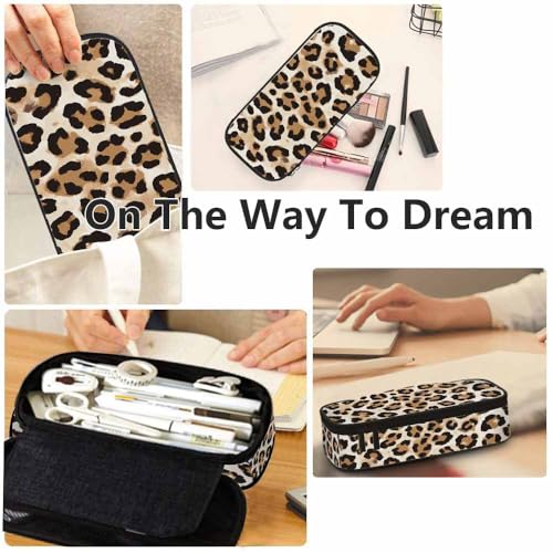 Image of Yekiua Cheetah Pencil Case Organizer Animal Leopard Skin College Office Big Capacity Pencil Bag Brown Black Beige