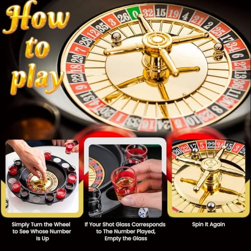 Image of Go Hooked Roulette Drinking Set with Spinner Wheel and Shot Glasses | Includes 2 Balls and 16 Shot Glasses Party Table Activity for Gatherings Celebrations and Events | Reusable Board Game Set