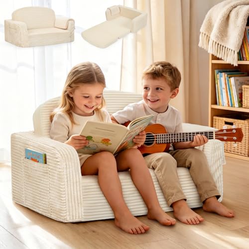 Lanabuna Extra Wide 2-in-1 Convertible Kids Couch | Large Corduroy Toddler Sofa Chair with Storage Pocket & Blanket | Foldable Foam Play Couch for Boys & Girls, Cream
