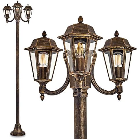 Außenleuchte NATAL, Kandelaber in antikem Look, Aluguß in Schwarz/Gold mit Klarglas-Scheiben, 3-armige Wegeleuchte 210 cm, Retro/Vintage Gartenlampe, E27-Fassung, IP44, ohne Leuchtmittel Cover