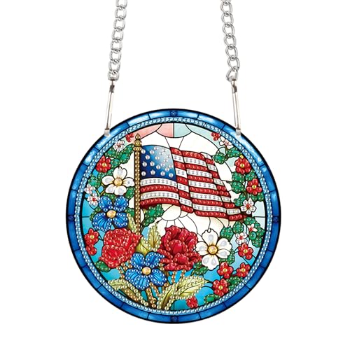 Image of AiYuanzsh DIY Hanging Diamond Painting Pendant Set - Independent Flower Patriotic Art Board, Special Shaped Crystal Diamonds, Elegant Floral Wall Decor, Independence Day Gift for Friends and Family