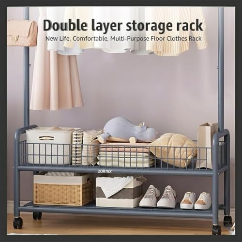 Image of ZOLMIX Metal Garment Rack With Wheels & 2 Bottom Mesh Shelves | Clothes Hanging Stand, Coat Hanger Stand For Home, Cloth Rack For Bedroom, Clothing Rack Organizer For Clothes, Bags & Shoes (Grey)