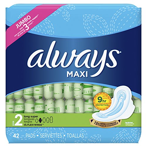 Image of Always Maxi Size 2 Feminine Pads with Wings, Super Absorbency, Unscented, 42 Count (Packaging May Vary)