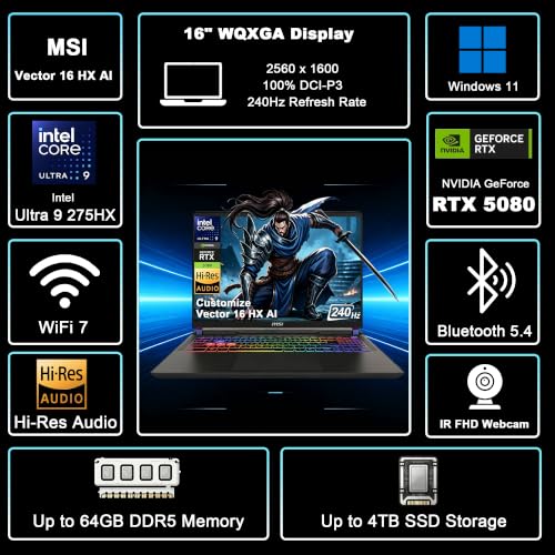 Image of Delca Customized Laptop Made with MSI Vector 16 HX AI Gaming Laptop | 16 inch WQXGA IPS 240Hz | Intel 24-core Ultra 9 275HX | 32GB /64GB DDR5 1TB /2TB /4TB SSD | GeForce RTX 5080 16GB | RGB Backlit Win 11