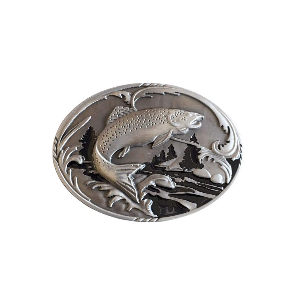 Jean's Friend Antique Silver Vintage Style Fish Fishing Wildlife Fisherman Western Oval Belt Buckle