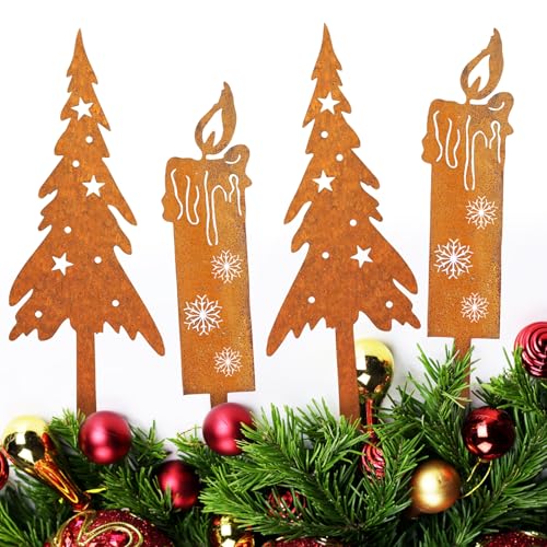 4er Set Rost Deko Weihnachten,Rost Weihnachtsbaum Kerzen weihnachten Deko Outdoor Gartenstecker Roststecker Weihnachtsdeko Draußen Wetterfeste Gartendeko für Advent Weihnachts Garten Balkon Grabschmu