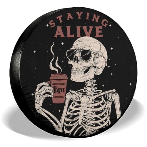 Image of GENANY Skeleton Coffee Humor Spare Tire Cover for RV Trailer, Waterproof, No Camera Hole, Size 17 Fits 31-33 Inch