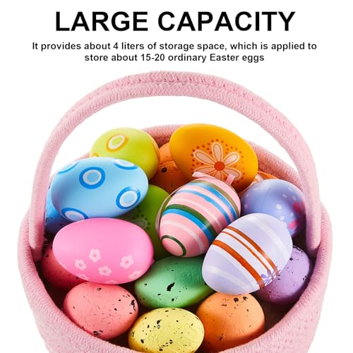 Image of Domensi 1 Pcs Empty Easter Basket for Eggs Hunt Small Bunny Basket with Handle Soft Cotton Rope Woven Gifts for Candy Easter Days Decoration Party Holidays (Pink)
