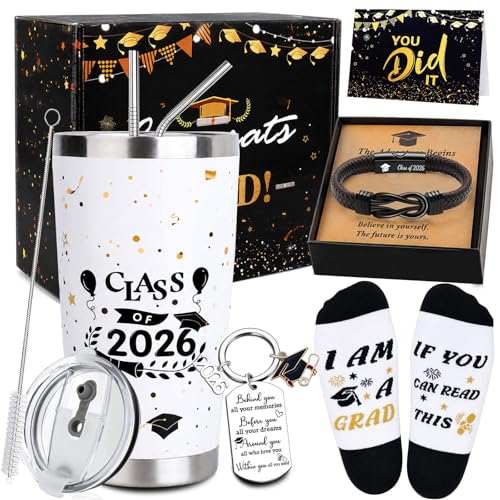 CAKKA 2026 Graduation Gift for Him Her College High School Graduate Gifts Box Bulk with Tumbler Bracelet Socks Keychain Thanks Card for Class of 2026 Graduates Girls Boys Women Men