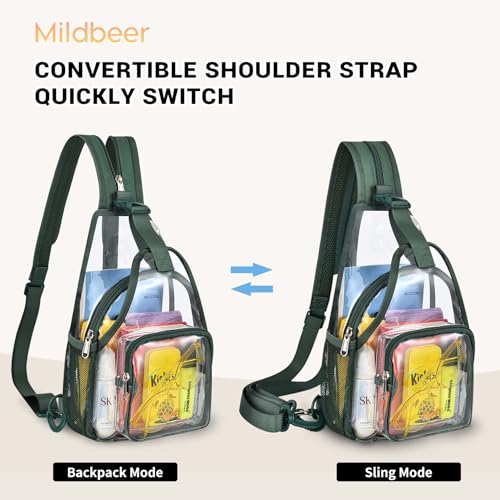 Image of Mildbeer Womens Convertible Clear Backpack, Compact Concert Green Mini | Convertible PVC sling /shoulder bag for women. Fits phone, cards & lipstick. Ideal for festivals & commute. Stadium compliant