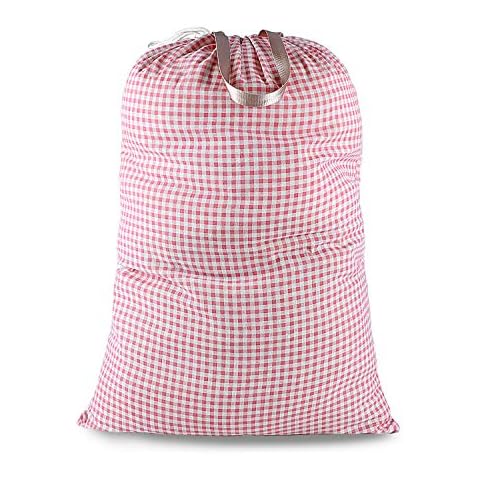 SANFERGE Extra Large Laundry Bag with Drawstring and Handle, Heavy Duty Travel Dirty Clothes Bag for Laundromat and Household, Durable Rip-Stop Laundry Hamper Liner, 28 x 40 Inch, Check Pink Cover