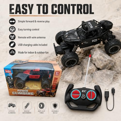 Image of DREAMY DEN Remote Control Car for Kids, 4 Channel RC Off Road Monster Truck with Big Tyres, Power Climbing Rock Crawler Toy Car, Birthday Gift for Boys & Girls 3+ Years, Colour as Per Stock