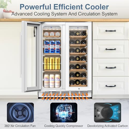 Image of Wine and Beverage Refrigerator, 24 Inch Beverage Cooler Dual Zone with Glass Door, Under Counter Beverage Fridge with Upgraded 65 Cans 18 Bottles Large Capacity, White