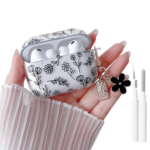 Image of MINSCOSE Compatible with AirPods Pro 3rd Generation Case (2025) with Cleaner Kit,Cute Flower Floral Aesthetic Design with Flowers Keychain for Girls Women for Airpods Pro 3-Black