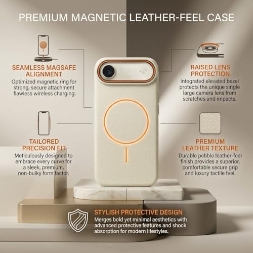 Image of amazon basics Luxury MagSafe Compatible Leather Texture Back Cover for iPhone 17 Air | Raised Camera Protection | Slim Fit Shockproof Case with Metallic Accents (White)
