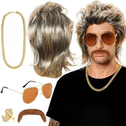 Vokuhila Perücke Herren, 80er Jahre Blond Perücke Fasching mit Sonnenbrille Halskette Falscher Bart, 80er Jahre Outfit Perücken Herren für Faschingskostüme, Halloween, Party Kostüme, Mottoparty