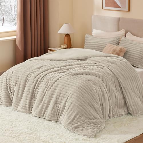 Image of BEDELITE Fleece Oversized Queen Comforter Set, Fluffy Bed Set, Linen | Super Soft & Warm Bedding, Luxury Fuzzy Faux Fur Comforter for Winter, Heavy Plush Bedding, with 2 Pillowcases