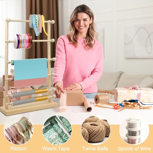Image of ElasignShopo 6 Tier Wooden Ribbon Rack Large Ribbon Organizer Ribbon Storage Rack Ribbon Dispenser Ribbon Spool Holder for Sewing Craft Mesh Thread Tape Wreath Crochet Roll Craft Florist Wrapping Gift