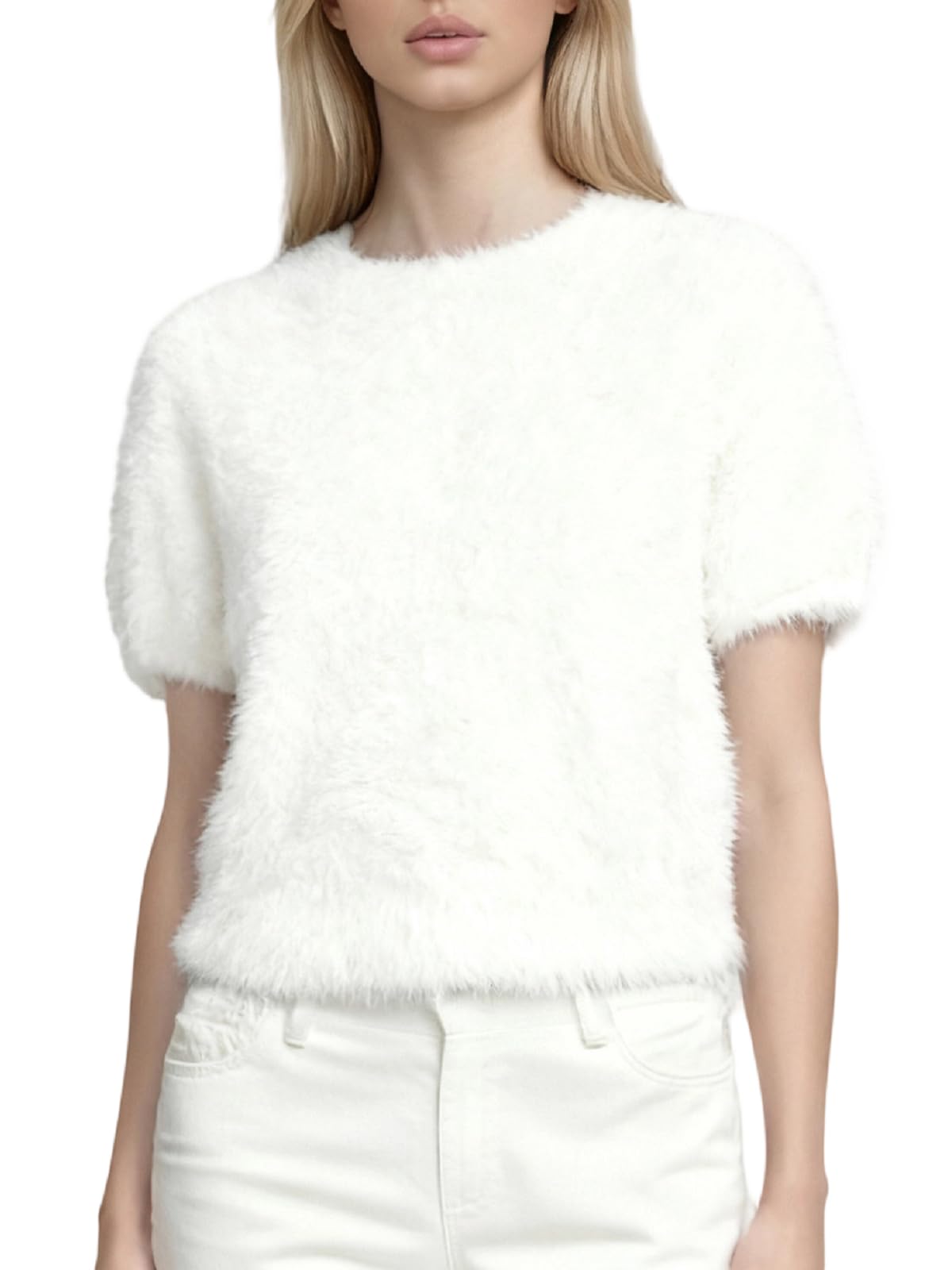 Women Cropped Fuzzy Sweater Short Sleeve Soft Furry Knit Pullover Top Casual Y2k Going Out Sweaters