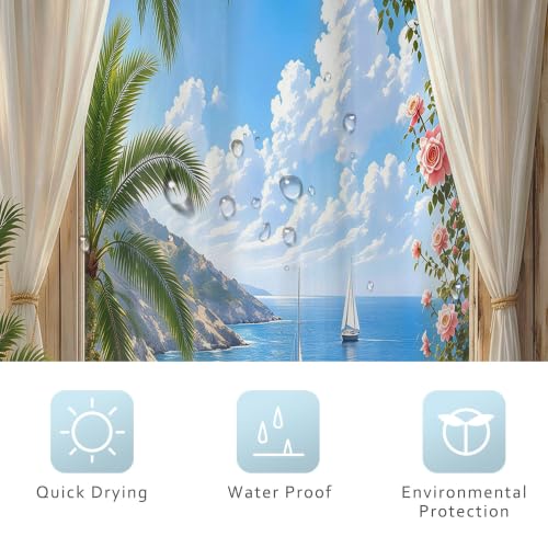 Image of Small Stall Beach Ocean Shower Curtain Blue Coastal Floral Bathroom Decor