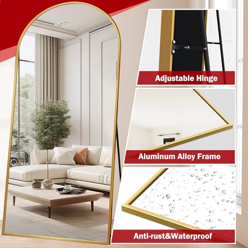 Suidia Arched Full Length Mirror, 76"x34" Floor Mirror Freestanding, Floor Standing Full Body Mirror with Stand for Bedroom, Hanging Mounted for Living Room Cloakroom, Gold