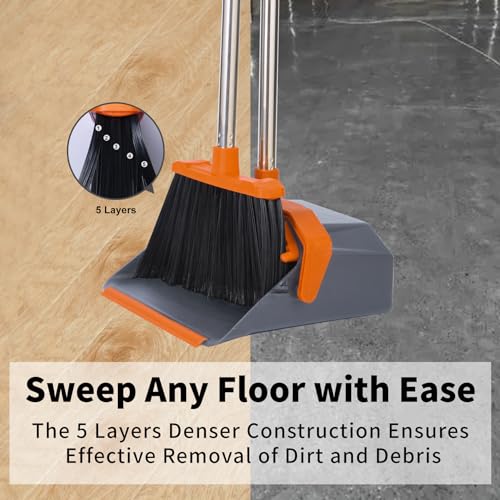 Image of Tiumso Broom and Dustpan Set with 51'' Long Handle, Upright Broom and Dustpan Combo for Home Kitchen Office Restaurant Garage Lobby Dog Cat Pets Hair - Grey and Orange