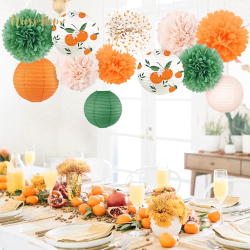 Image of NICROHOME EUR Little Cutie Baby Shower Decorations, 12 PCS Orange Green Tissue Paper Pom Poms and Lanterns Set for Spring Summer Party Decorations, Fruit Citrus Themed Birthday Party Supplies
