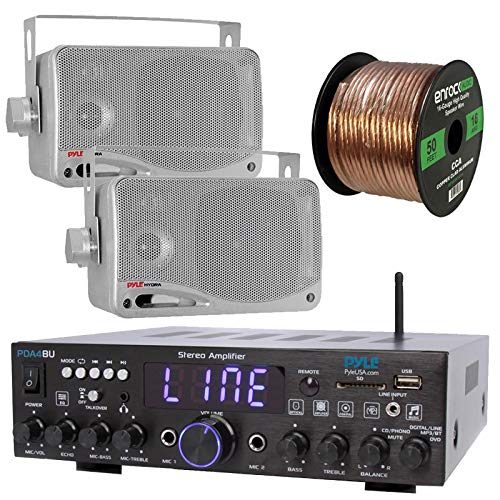 Pyle Wireless Bluetooth Stereo Amplifier-Multi-Channel 200W Amplifier Home Audio Receiver System Bundle Combo with 2x 3.5'' 3-Way Weather Proof Mini Silver Box Speakers, 16 Gauge Speaker Wire