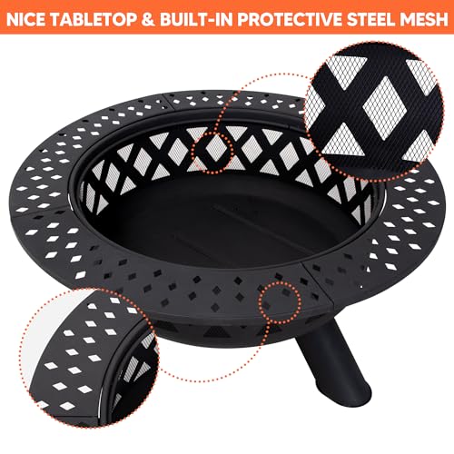 Image of SUNCREAT 42 inch Large Outside Fire Pit, Round Fire Pit Wood Burning with Widened Tabletop, Spark Screen, Fire Poker, Phombus Pattern