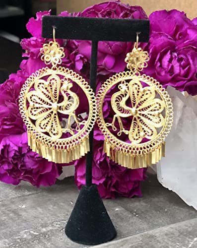 Folklorico Dance Traditional Mexican Gold Filigree Earrings, Peacock Earrings, Day of the Dead, Mexican Earrings4