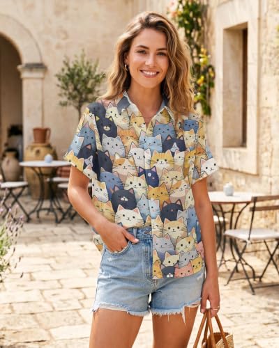 Image of 99TIMORO Fantasy Character Button Down Shirt for Women Short Sleeve | Novel Movie Themed V Neck Collared Tops Lightweight Breathable Beach Vacation Casual Wear Summer Mother Gifts Classic Fit