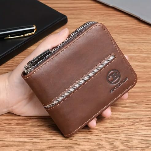 Vintage PU Leather Wallet for Men, Business Style Zippered Credit Card Case with Embossed Lettering, Classic Gift, Birthday Present (Dark Brown)2