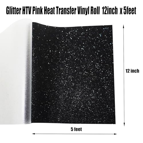 Image of Black Glitter Heat Transfer Vinyl Black Glitter Vinyl Glitter HTV Vinyl Rolls Pack 12 Inch x 5 Feet Iron on Vinyl for Cricut T-Shirts DIY Design, Silhouette Cameo & Heat Press Machine