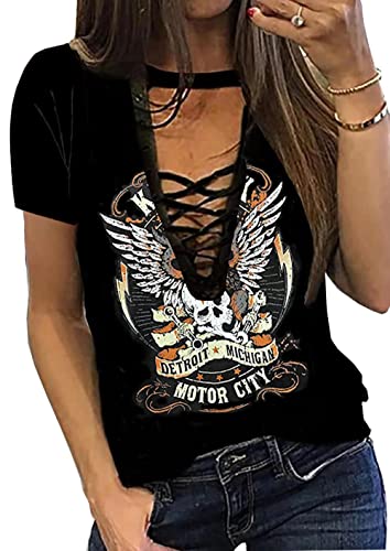 Vintage Rock Skeleton Eagle T Shirts for Women Casual Country Music Tshirts Funny Summer Rock Band Concert Shirt Top