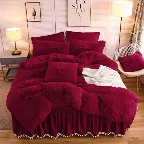Image of LIFEREVO Luxury Plush Shaggy Duvet Cover Set, Soft Velvet Fluffy Furry Duvet Cover Set(1 Faux Fur Fuzzy Comforter Cover+2 Pom Poms Pillow Shams)Christmas Bedding Set, with Zipper(Full /Queen, Burgundy)