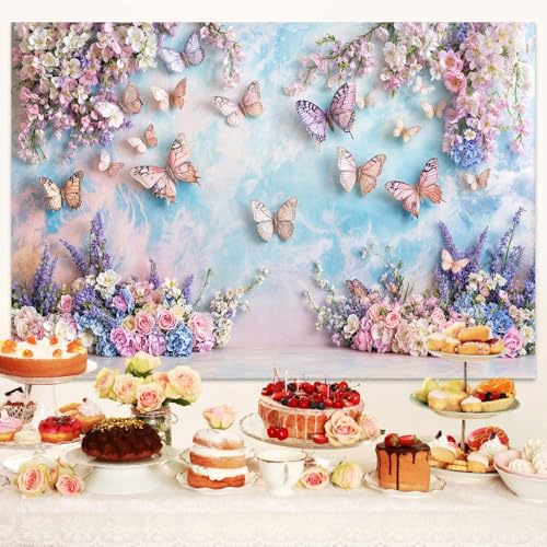 Fondo Fotográfico de Mariposa Morada con Flores 5x3 ft miniatura 2