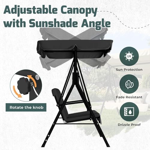 Image of AECOJOY Porch Swing with Stand, Outdoor Swings for Adults, 3-Seat Outdoor Swing with Canopy, Outside Swing Bench with Removable Cushion, Suitable for Backyard, Garden, Yard, Poolside, Balcony (Black)