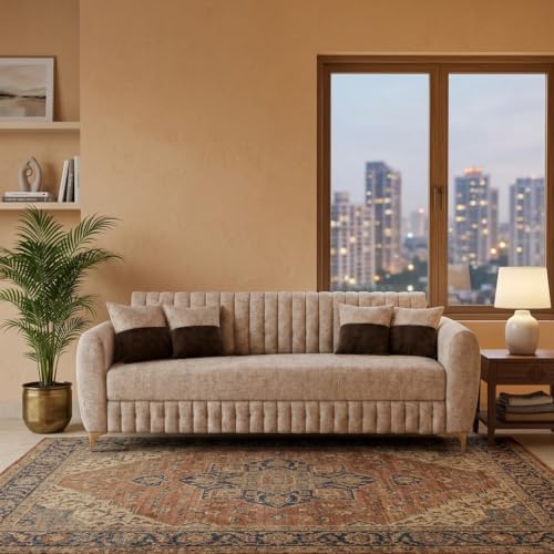 Image of CASASTYLE Signature Velour 3 Seater Sofa Set | Boucle Weave Fabric | 40D Foam + Zigzag Spring | 3-Yr Warranty (Sandstone Beige) | Modern Living Luxury Sofa Set for Home, Office & Hotel Spaces