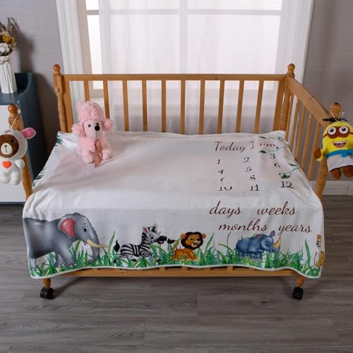 Image of vmaisi Baby Milestone Blanket for Boy - Newborn Monthly Photo Prop Gift | Cute Green Animal Print - Spacious 100x80cm for Swaddling