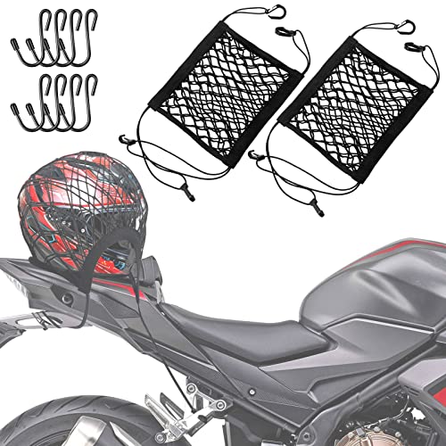 2PCS Upgrade Cargo Net for Motorcycle Helmet Storage, 10"X11" High-Elastic Double Layer Bungee Net with 8 Extra Strong Metal Hooks, Luggage Strap Rack Expansion Organizer Net for Motorbike Trike Cycle