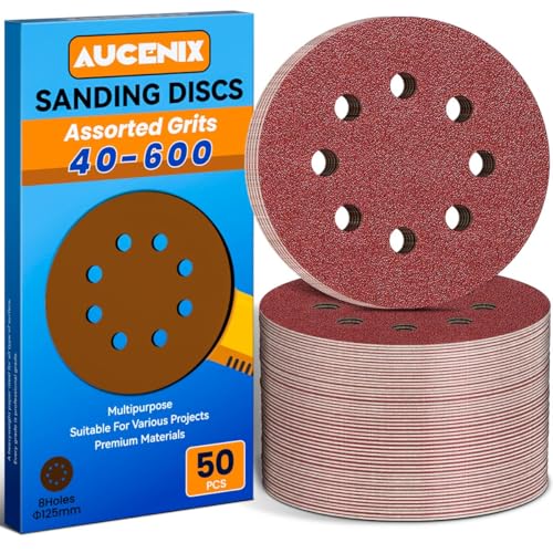 Aucenix 125mm Sanding Discs Sheets: 8 Holes Assorted Grits Sanding Pads - Hook and Loop Sandpaper Sheets for Random Orbital Sander (50Pcs-Mixd Grit)