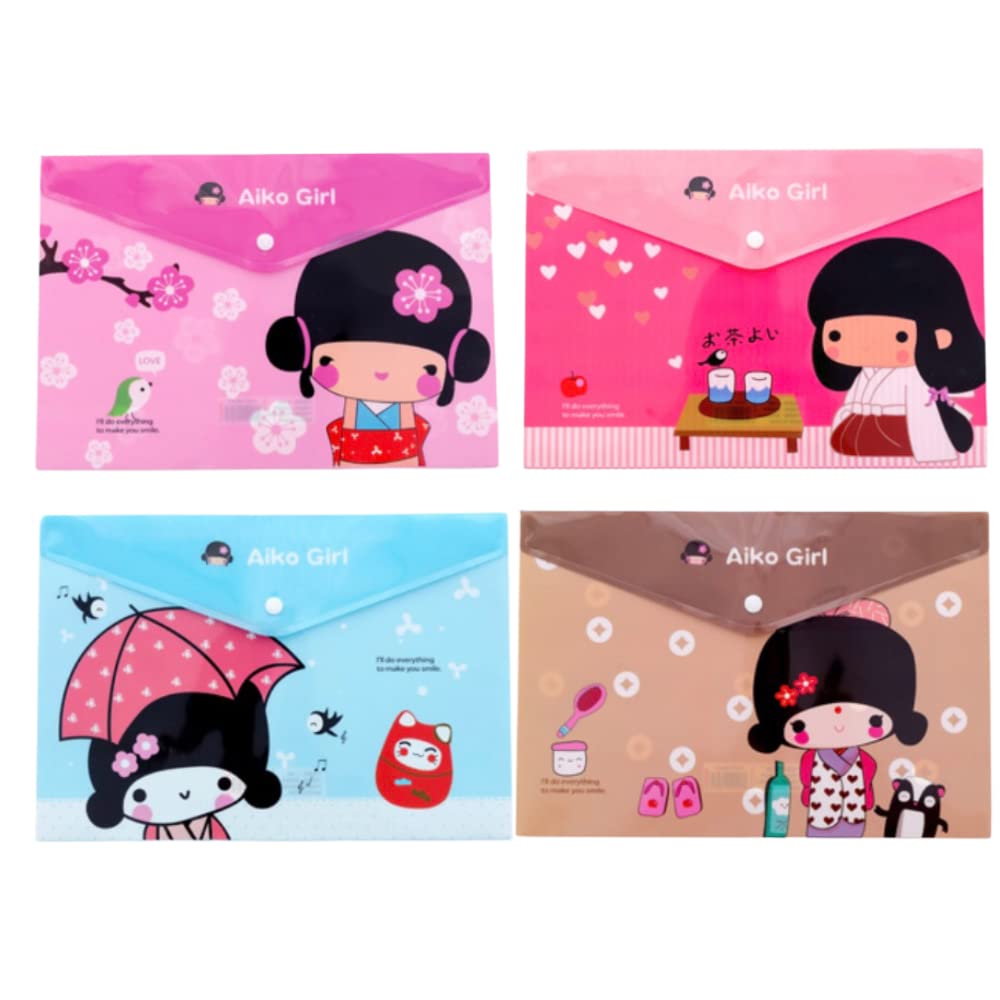 PartyErasers A4 File Folder Wallets – Pack of 4 Kimono Girls Design Plastic Document Envelopes with Press Stud – Cute Japanese Stationery for School, Office & Home Filing