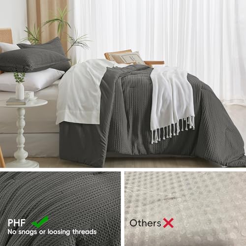 Image of PHF Soft Waffle Comforter Set Queen Size- Comfy Breathable Waffle Weave Comforter with 2 Pillow Shams, 3 Pieces Less Snagging Lightweight Textured Bedding Set for All Season, Grey