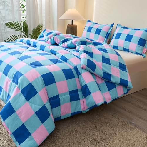 Image of Caressma Comforter Set Blue and Pink Checkered King Size, 3 Pieces Buffalo Grid Comforter Bedding Set, Geometric Checkered Bedding with Pillowshams