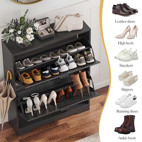 Image of HUANLEGO Shoe Cabinet Storage for Entryway with 2 Flip Drawers, Black Fluted Shoe Cabinet with Open Storage, Wooden Hidden Shoe Rack Freestanding Narrow Slim Shoes Organizer for Hallway, Entrance