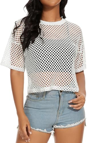 Damens Fishnet Mesh Tops Sommer Transparente T Shirt Kurze Ärmel Sheer Bluse(Weiß XL)