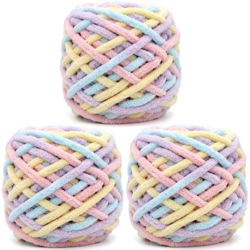 Image of Chunky Chenille Yarn for Crocheting,Rainbow Fluffy Velvet Plush Yarn Thick Soft Chunky Chenille Yarn Baby Blanket Yarn for Crocheting Knitting Beginners 3 * 100g(Pastel Rainbow)